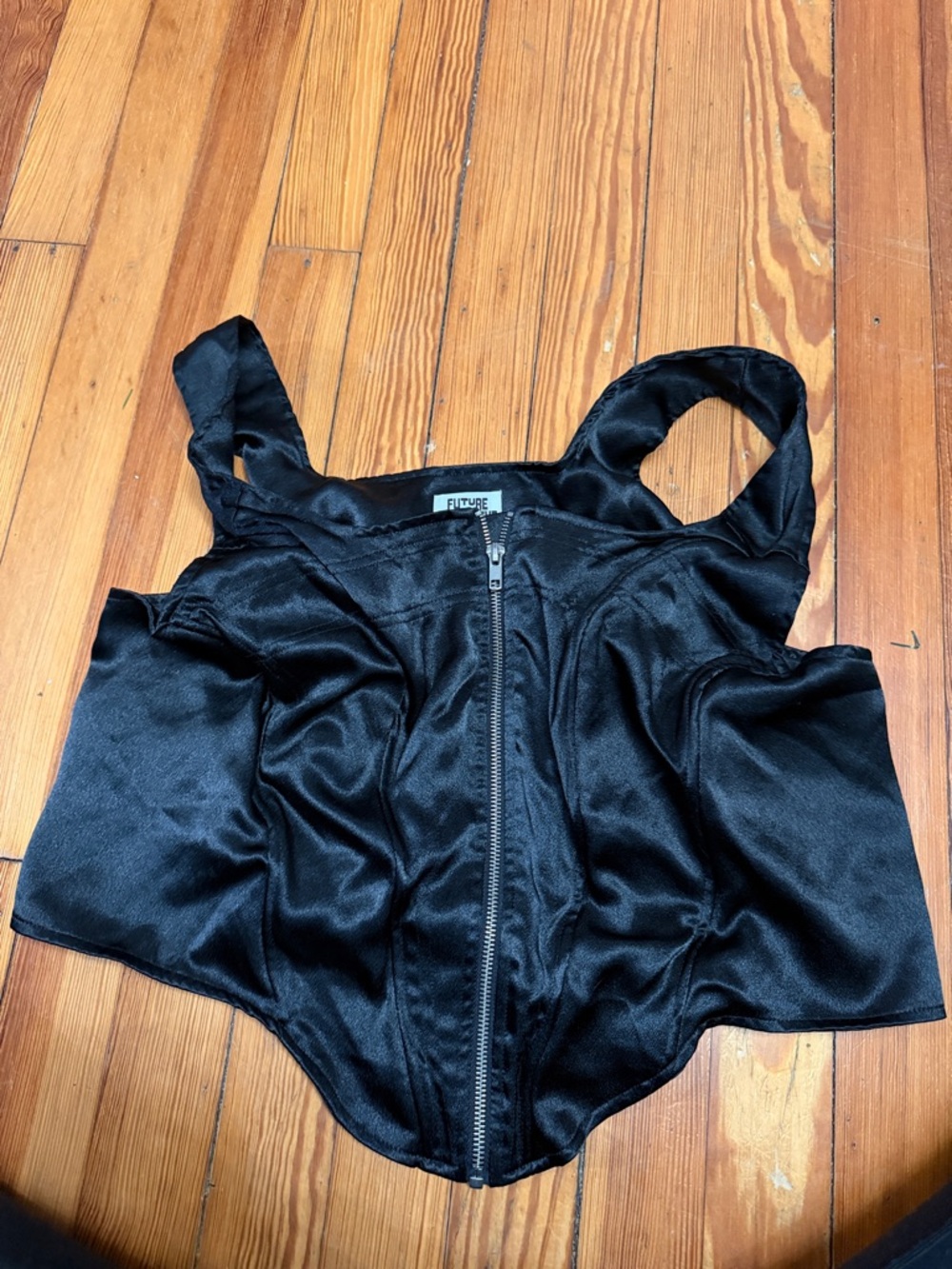 Black Satin Zip-Front Crop Top